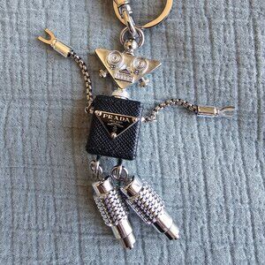 Prada Saffiano steel and leather robot bag charm/keychain